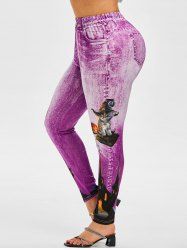Legging d'Halloween Chat Citrouille Imprimés Grande Taille - Violet clair 4X