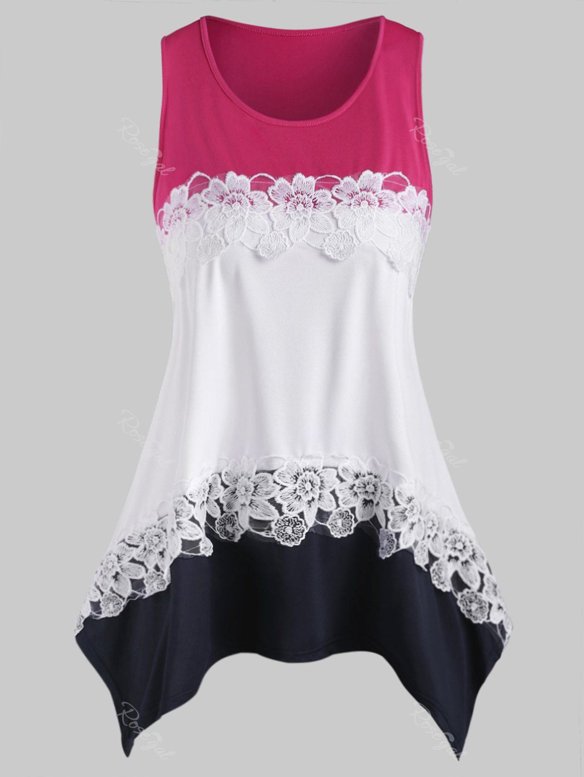 

Plus Size Floral Lace Handkerchief Colorblock Tank Top, Red