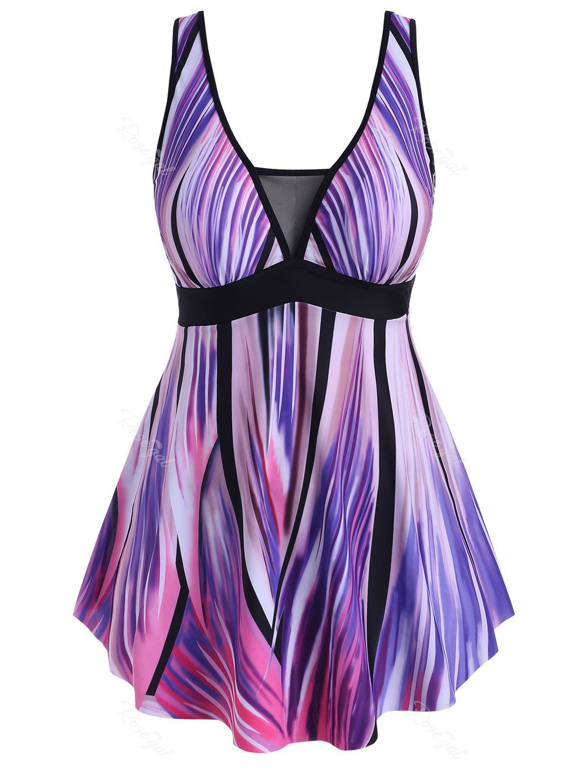 

Plus Size Mesh Panel Printed Skirted Tankini Swimsuit, Light purple