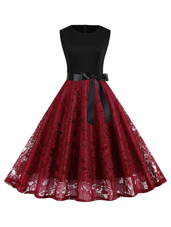 

Sleeveless Belt Fit and Flare Lace Dress, Red