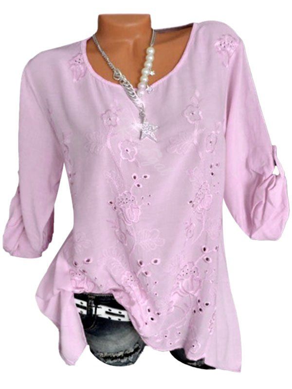 

Plus Size Flower Embroidered Roll Tab Sleeve Tunic Blouse, Light pink