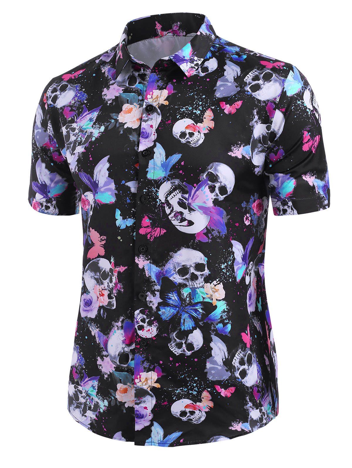 

Skull Butterfly Print Short Sleeve Button Up Shirt, Multi