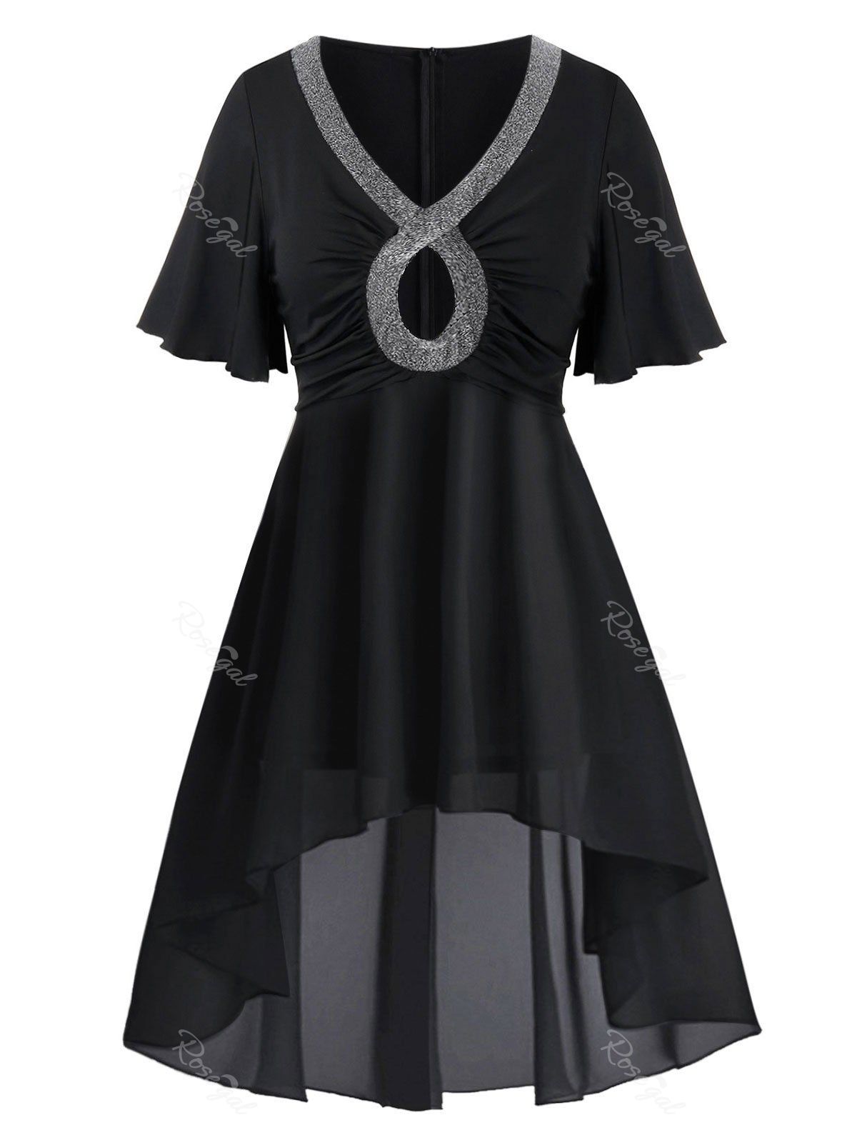 Robe Haute-Basse Pailletée Grande Taille avec Trou de Serrure Noir 1X