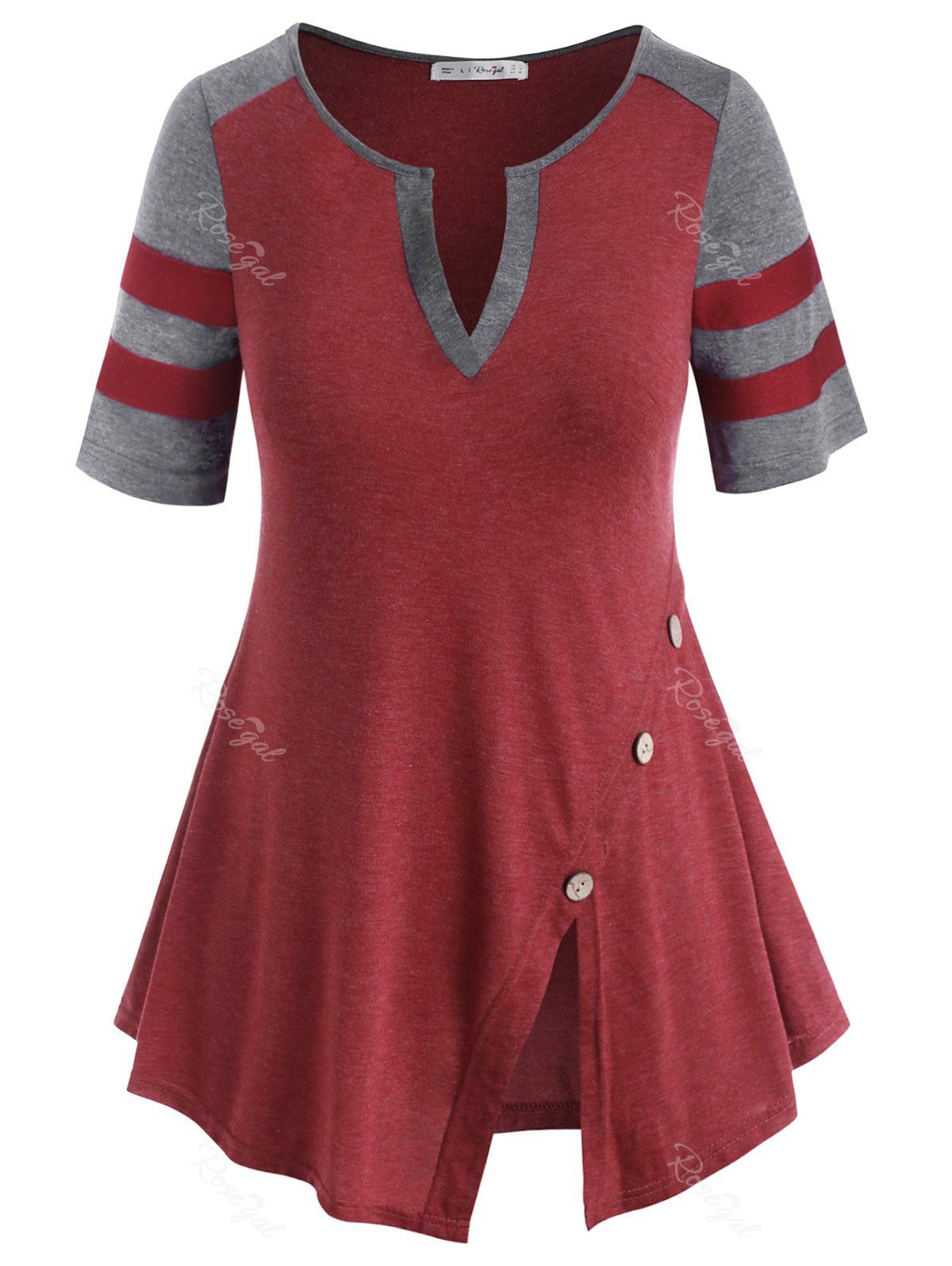 

V-notched Buttoned Colorblock Stripes Panel Plus Size Top, Red wine