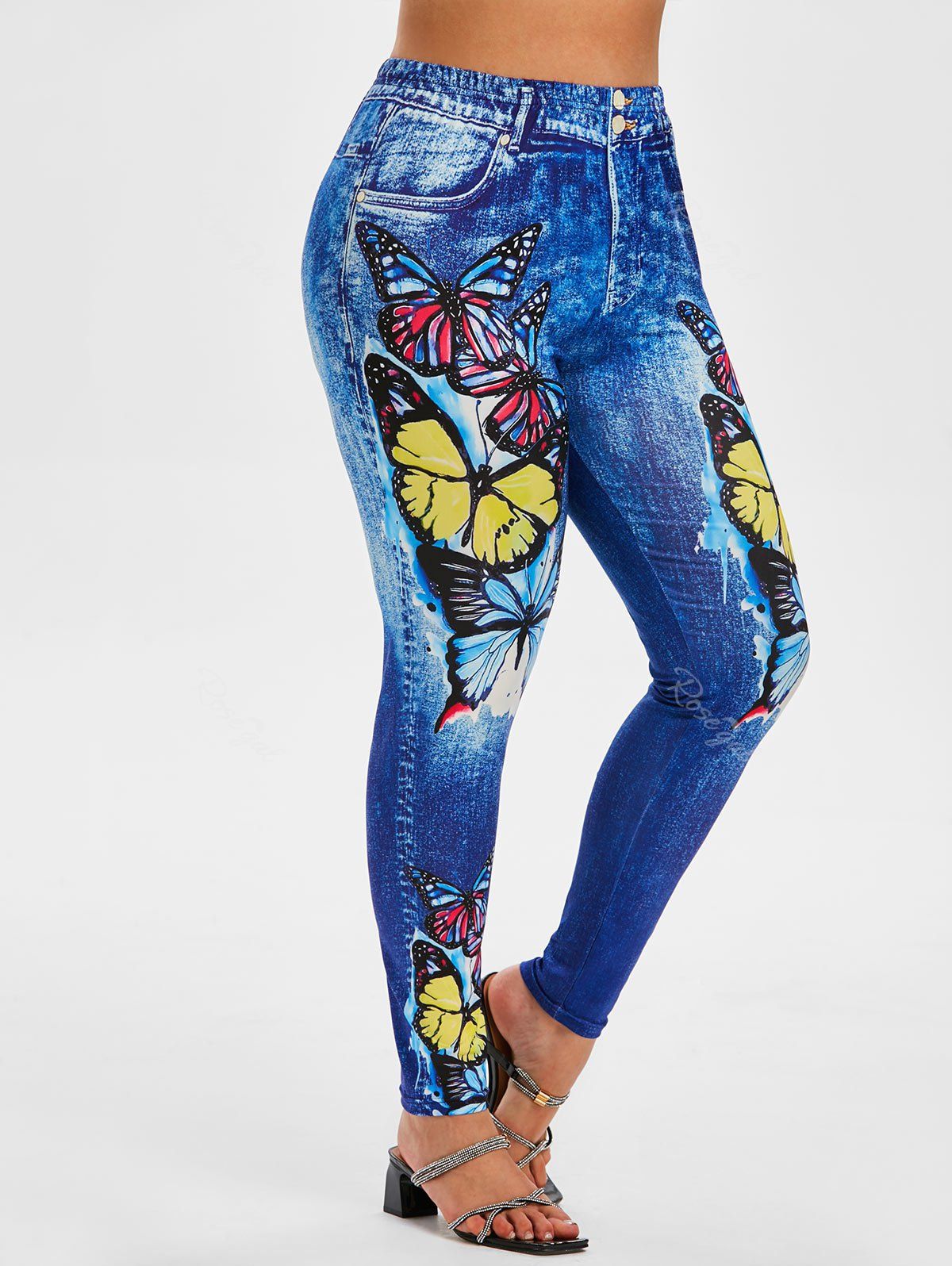 Affordable Plus Size Butterfly 3D Jean Print Jeggings  