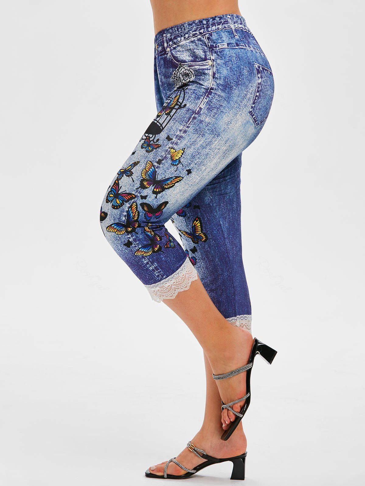 Legging Capri à Imprimé 3D Papillon Fleuri à Ourlet en Dentelle de Grande Taille Bleu 5X