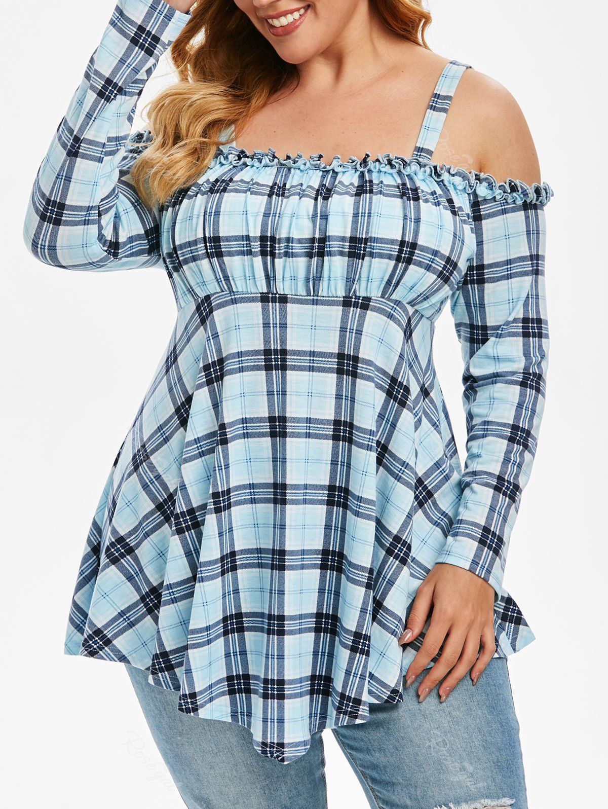 

Plus Size Asymmetric Cold Shoulder Plaid Blouse, Blue ivy