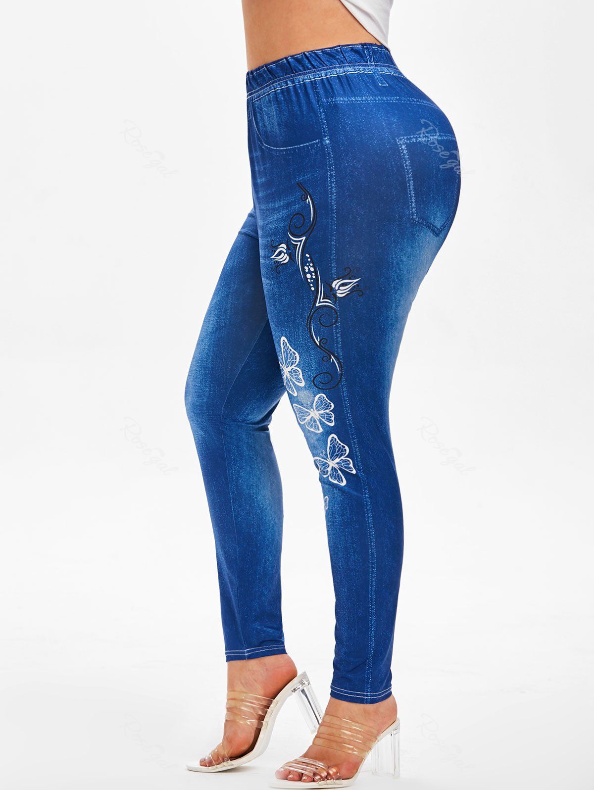 

Plus Size Butterfly 3D Jean Print Skinny Jeggings, Blue