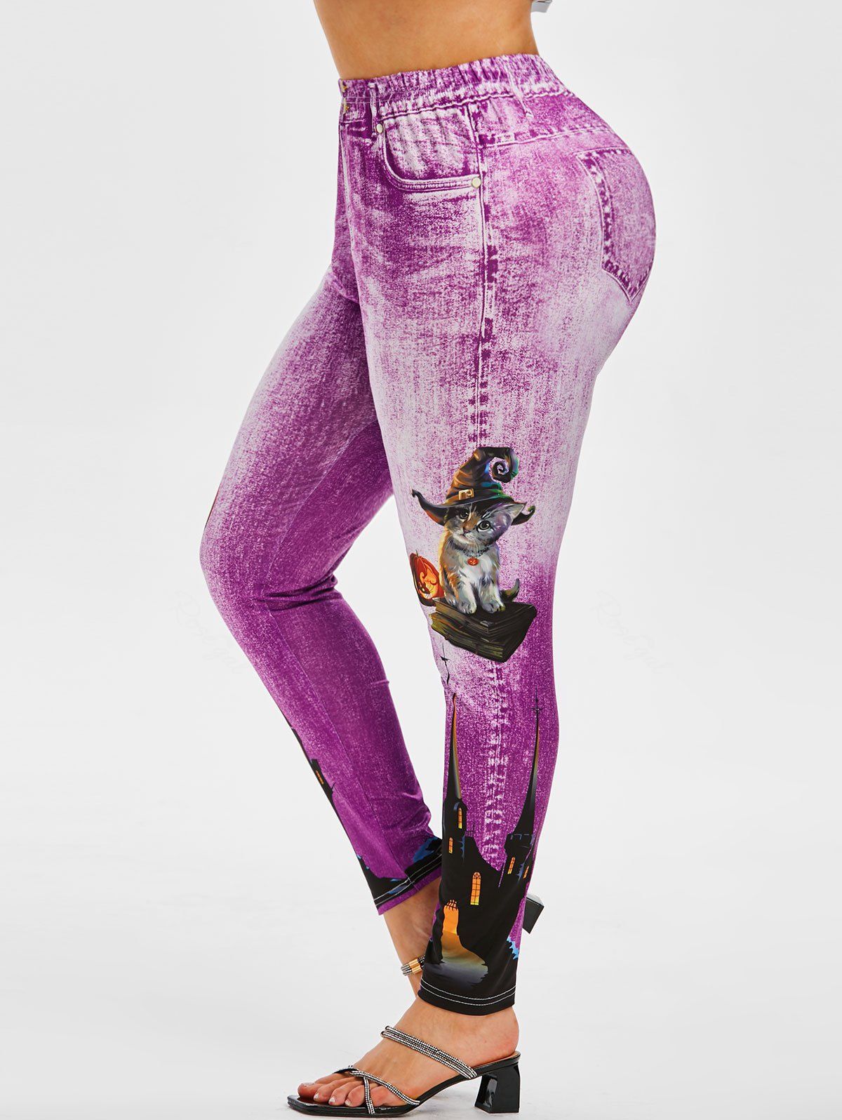 Legging d'Halloween Chat Citrouille Imprimés Grande Taille Violet clair 4X