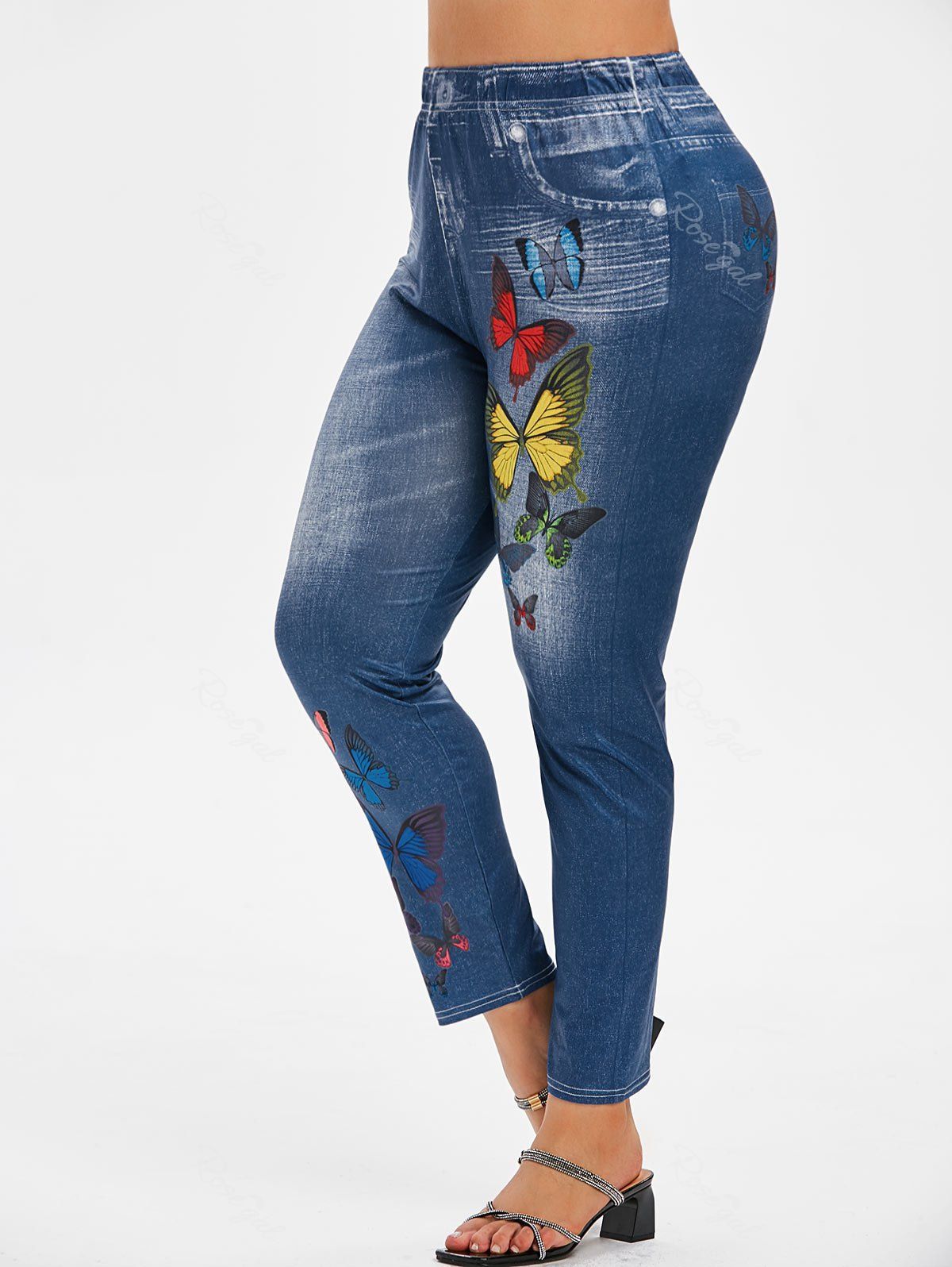 Latest Plus Size Colorful Butterfly 3D Print High Waisted Jeggings  