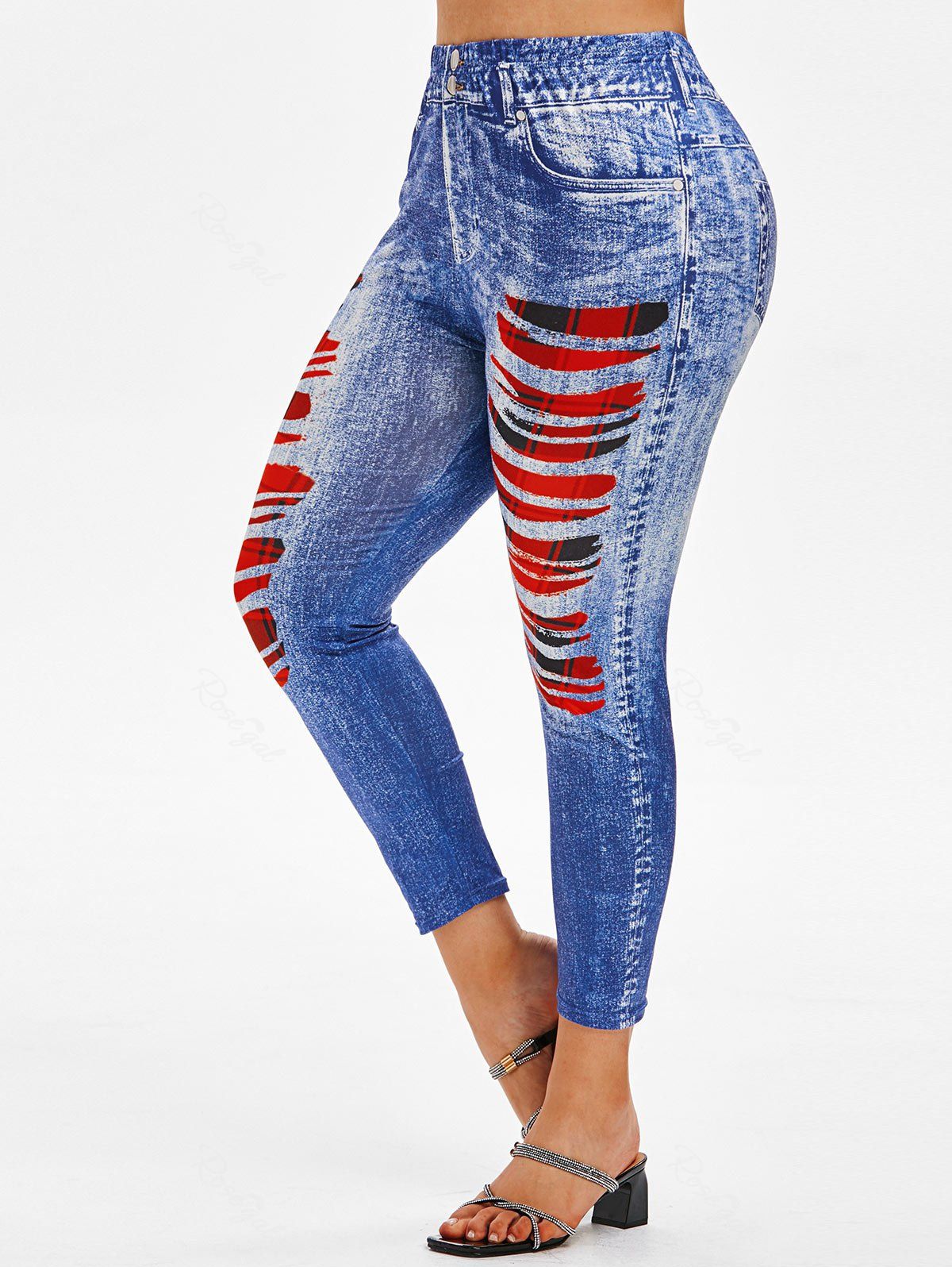 Trendy Plus Size High Rise 3D Ripped Plaid Print Jeggings  