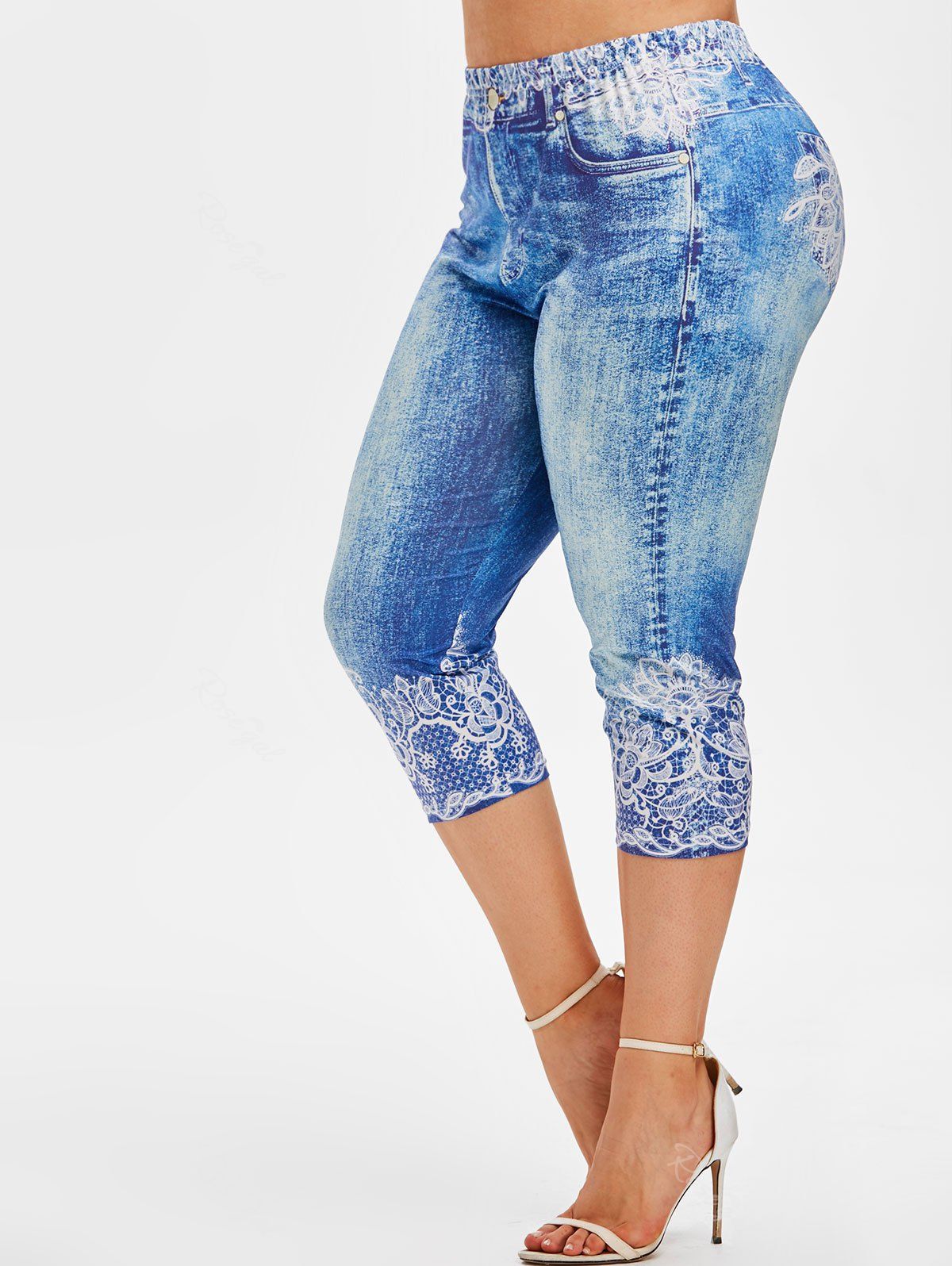 

Plus Size 3D Denim Print Capri Jeggings, Blue
