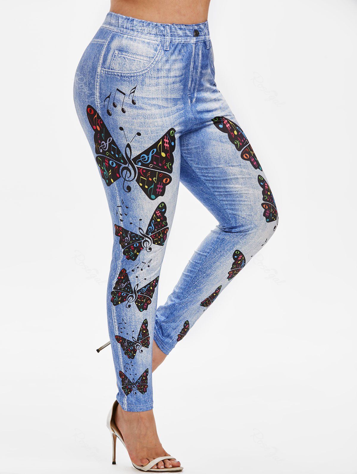 

Plus Size Butterfly Musical Notes 3D Print High Waisted Jeggings, Deep blue