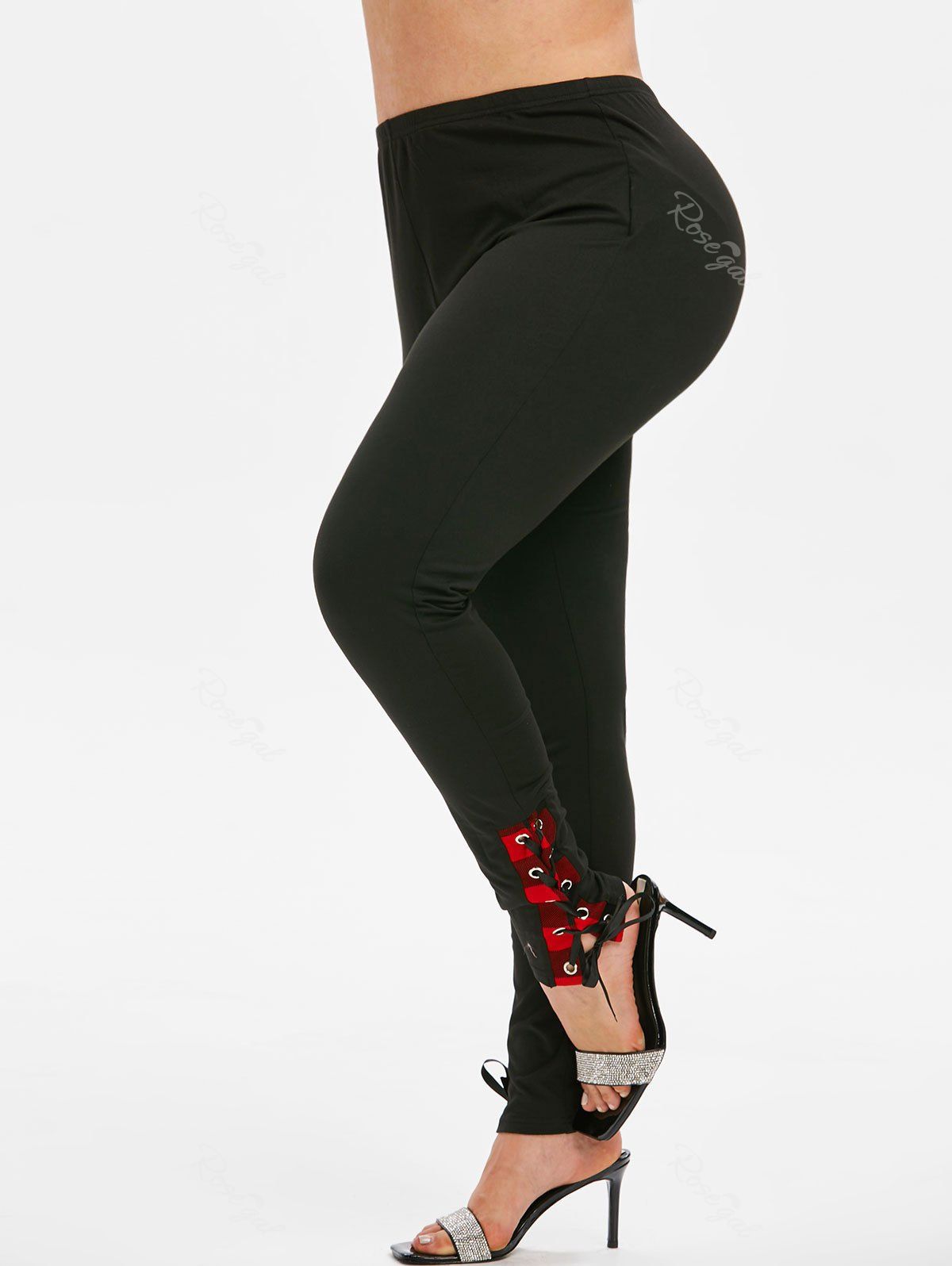 

Plus Size Lace Up Plaid High Rise Leggings, Black