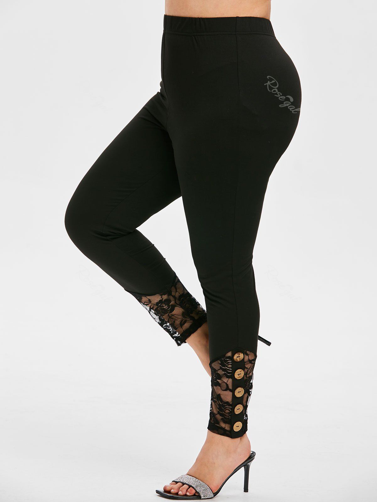 

Plus Size Lace Insert Mock Button Skinny Leggings, Black