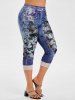 Legging Capri à Imprimé 3D Papillon Fleuri à Ourlet en Dentelle de Grande Taille - Bleu 5X