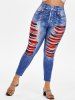 Plus Size High Rise 3D Ripped Plaid Print Jeggings -  