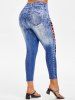 Plus Size High Rise 3D Ripped Plaid Print Jeggings -  