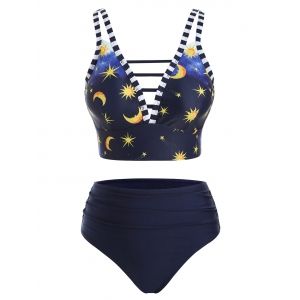 

Striped Trim Stars Moon Print Crisscross Tankini Swimwear, Deep blue