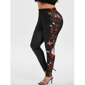 

Plus Size Musical Notes Butterfly Print High Waisted Leggings, Black