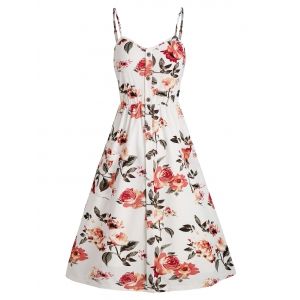 

Floral Smocked Back Mock Buttons Cami Dress, White