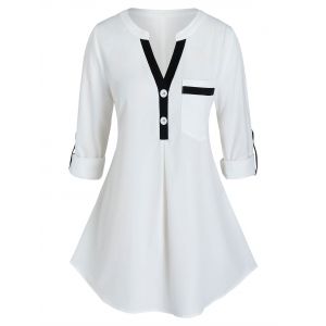 

Plus Size Contrast Trim Roll Up Sleeve Blouse, White