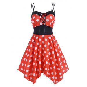 

Polka Dot Lace Up Handkerchief Dress, Red