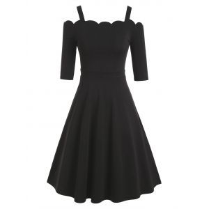 

Plain Cold Shoulder Scalloped Trim A Line Dress, Black