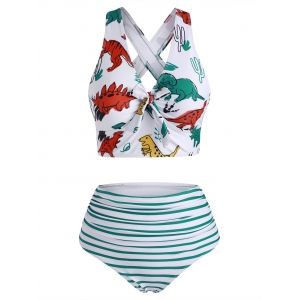 

Dinosaur Print Knot Striped Crisscross Tankini Swimwear, Light green