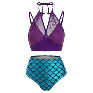 

Scale Print Mesh Overlay Mermaid O Ring Tankini Swimwear, Purple