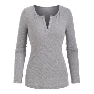 

Plain Knitted Henley Long Sleeve T Shirt, Light gray
