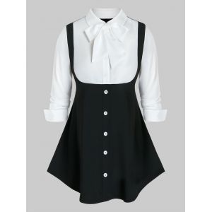 

Plus Size Two Tone Bow Tie Collar Curved Hem Tunic Blouse, Black