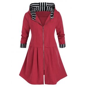 

Plus Size Striped Hooded Zip Knee Length Coat, Cherry red