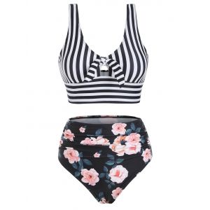 

Striped Floral Ruched Tankini Swimwear, Black