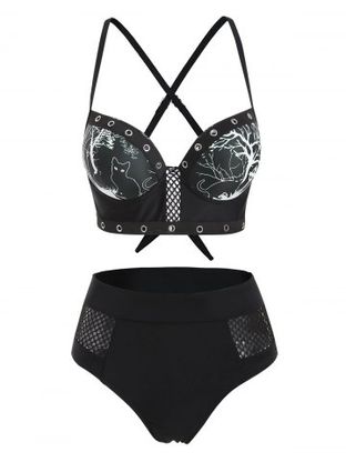 Grommets Fishnet Panel Branch Print Underwire Bikini Swimwear