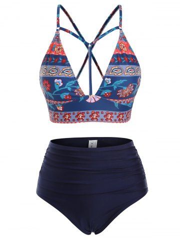 Ethinc Printed Strappy Crisscross Lace-up Tankini Swimwear - DEEP BLUE - M