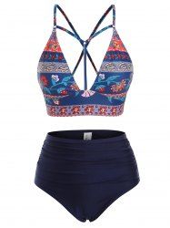 Ethinc Printed Strappy Crisscross Lace-up Tankini Swimwear -  