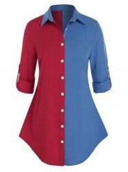 Plus Size Roll Up Sleeve Colorblock Shirt -  