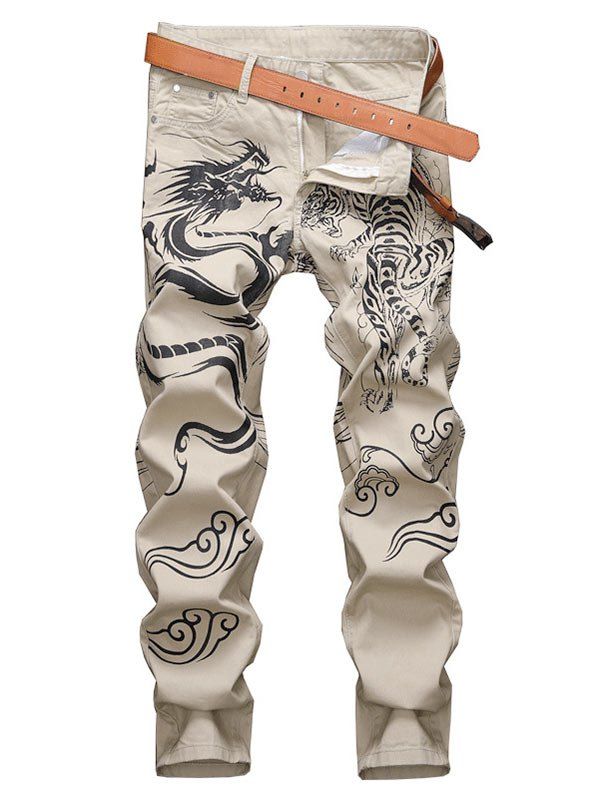 

Animal Graphic Casual Denim Pants, Tan