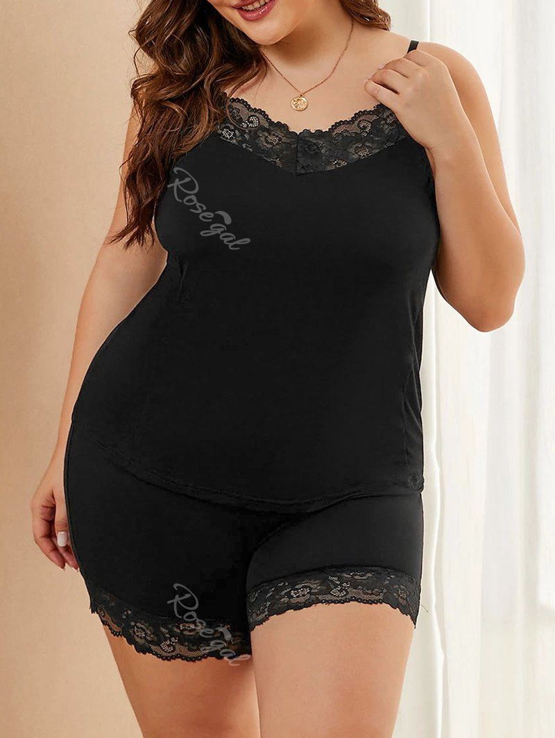 

Plus Size Lace Trim Cami Pajama Set, Black