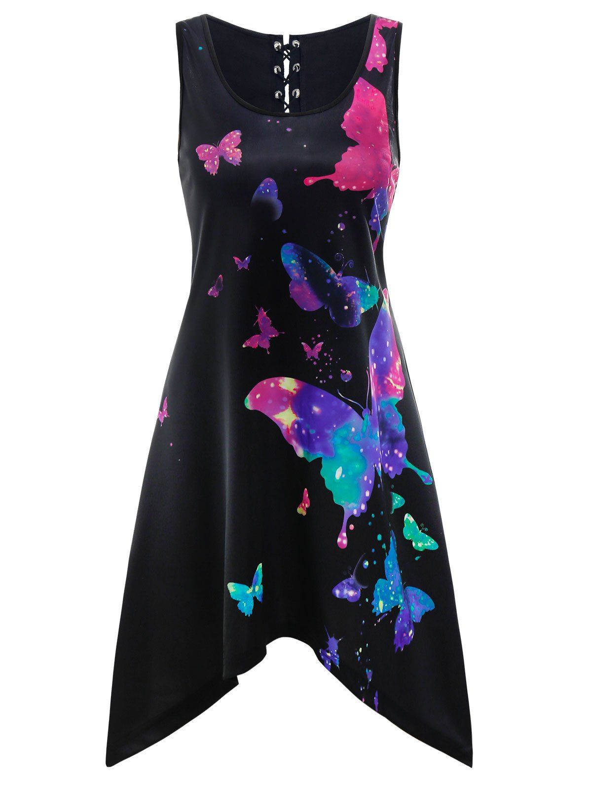 

Butterfly Print Back Lace Up Asymmetrical Sleeveless Dress, Black