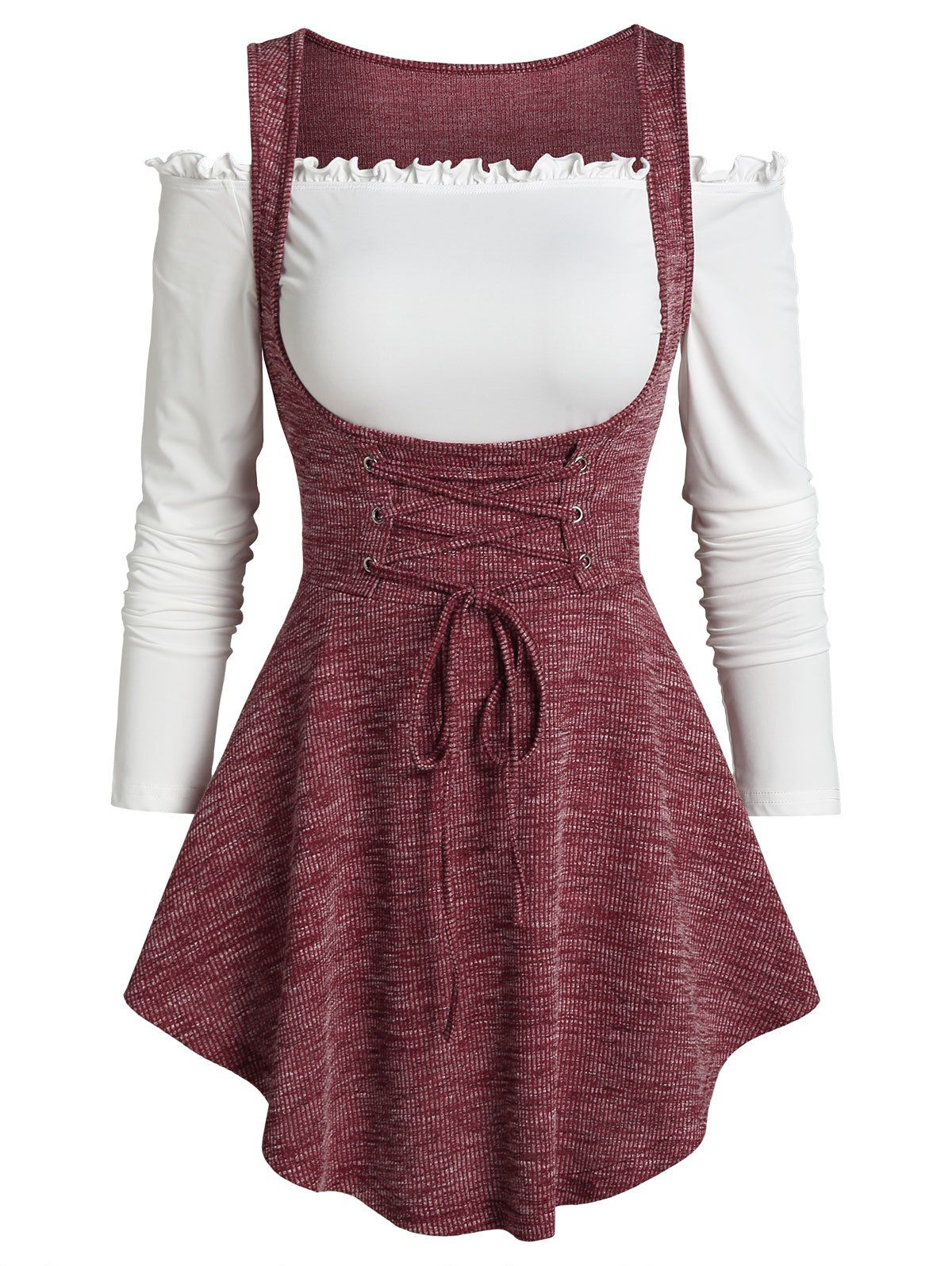 

Off Shoulder T Shirt And Lace Up Tank Top Set, Red wine