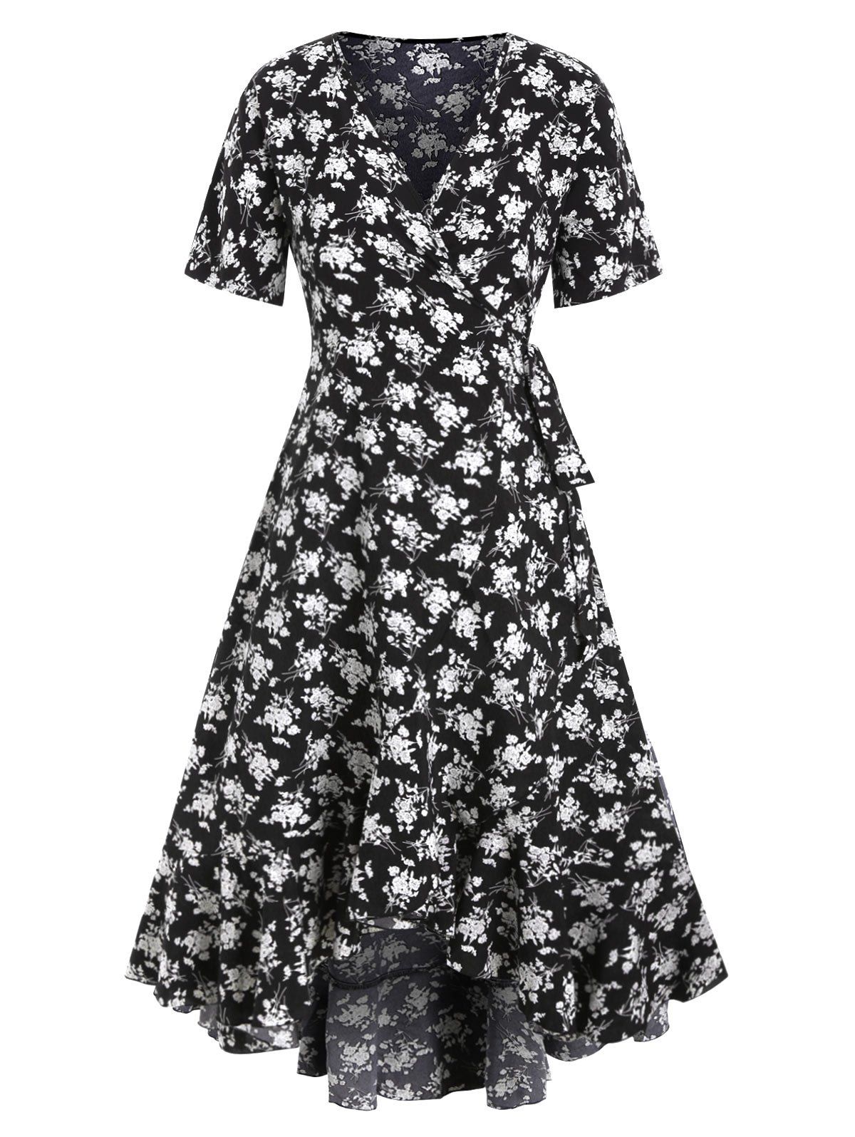 

Floral Flounce Hi Lo Maxi Wrap Dress, Black
