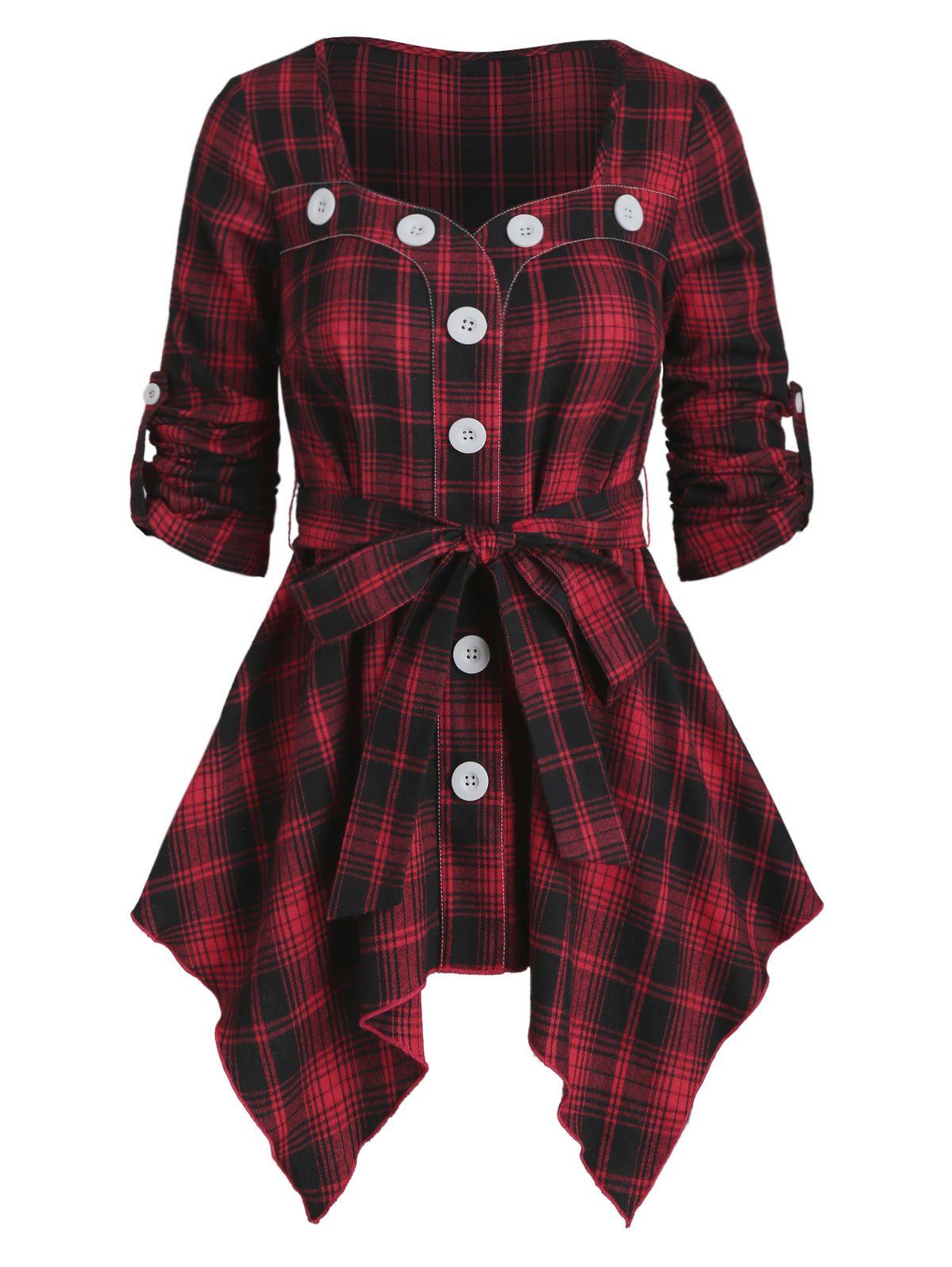 

Tartan Print Button Up Belted Asymmetrical Shirt, Red wine