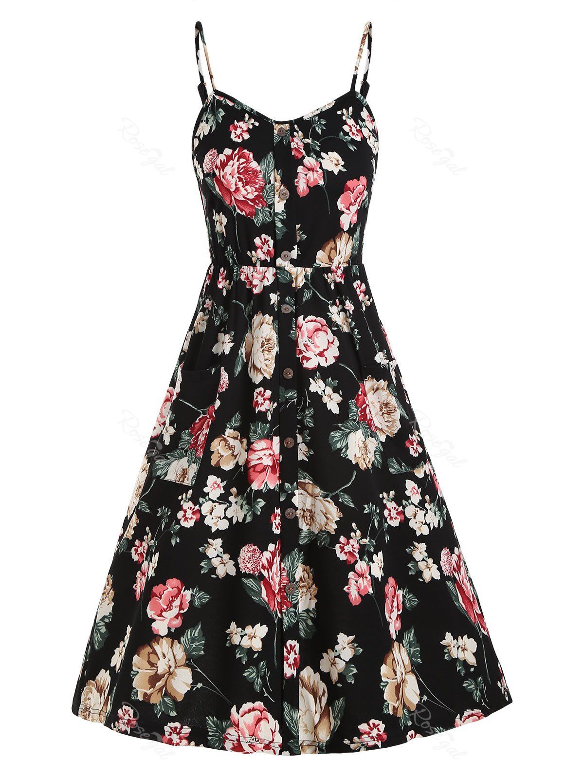 

Floral Smocked Back Mock Buttons Cami Dress, Black