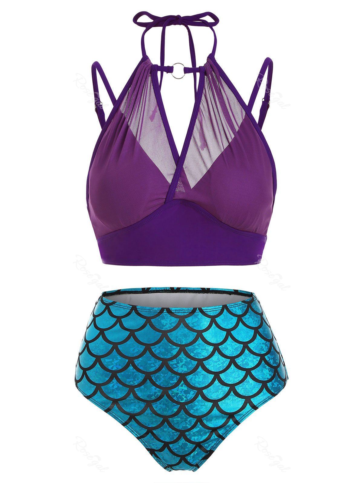 

Scale Print Mesh Overlay Mermaid O Ring Tankini Swimwear, Purple