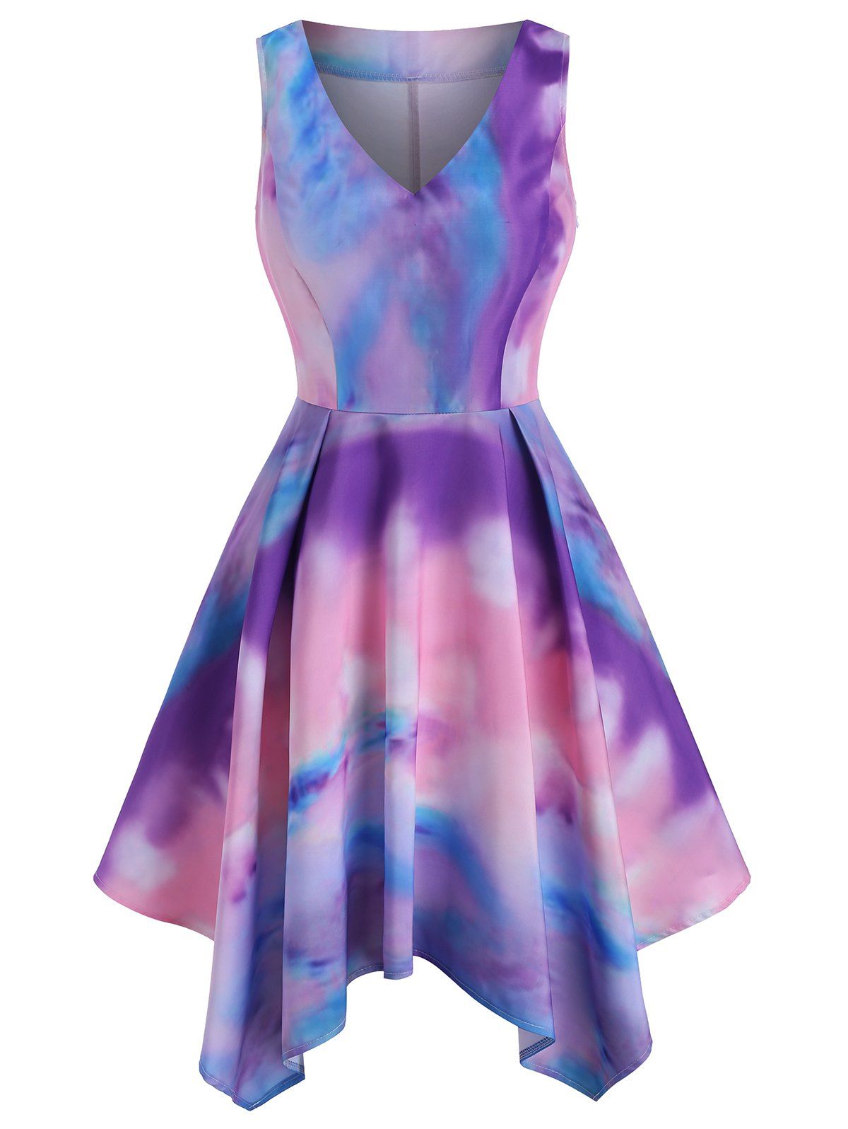 

V Neck Tie Dye Handkerchief Dress, Multi