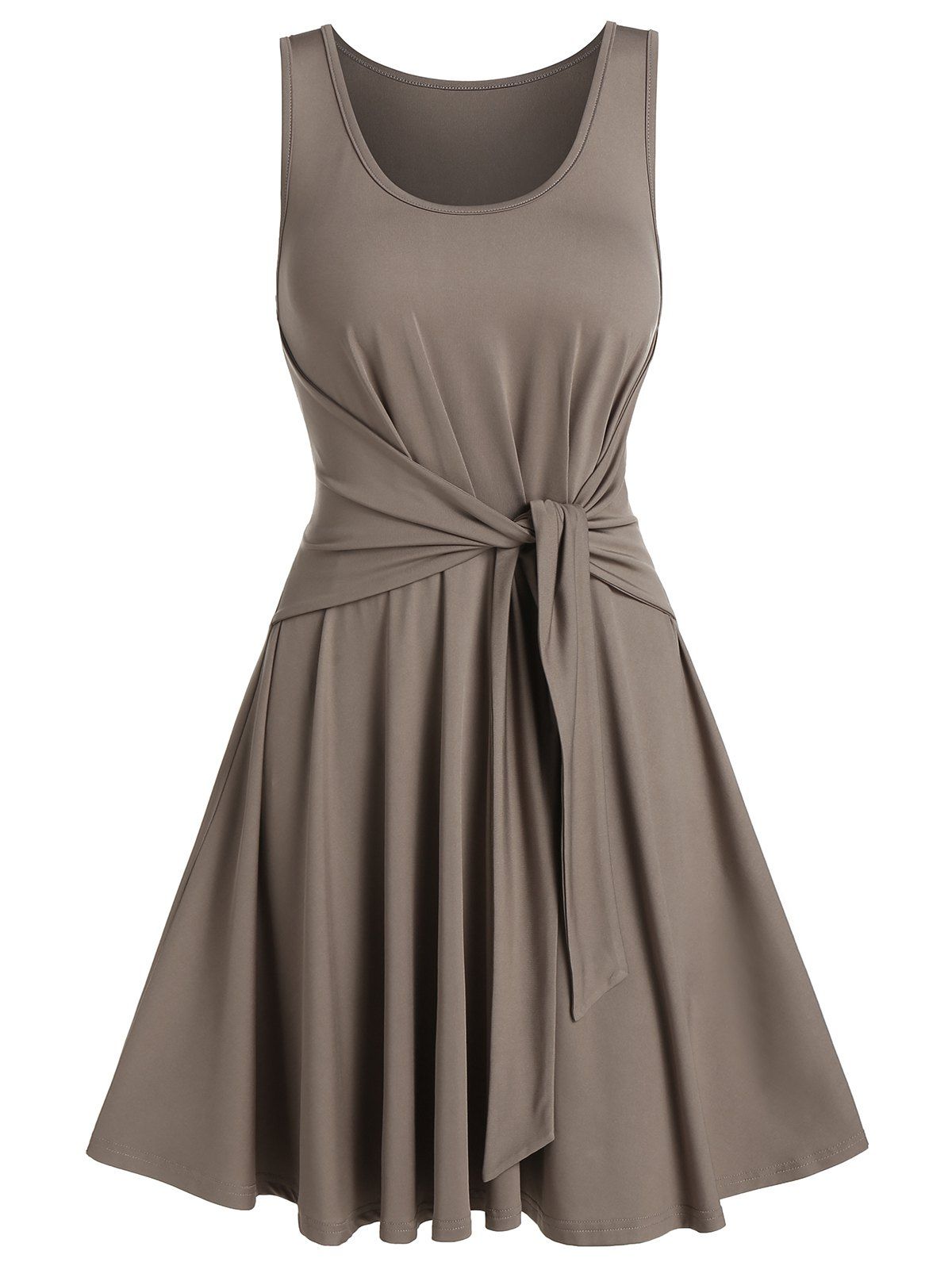 

Plain Tie Waist Mini Sleeveless Dress, Light coffee