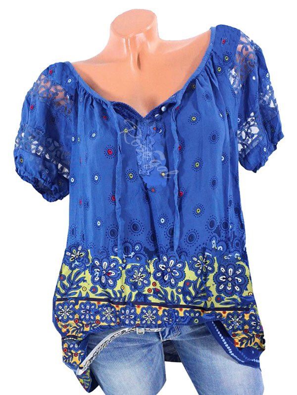 

Plus Size Lace Insert Floral Print Blouse, Blue