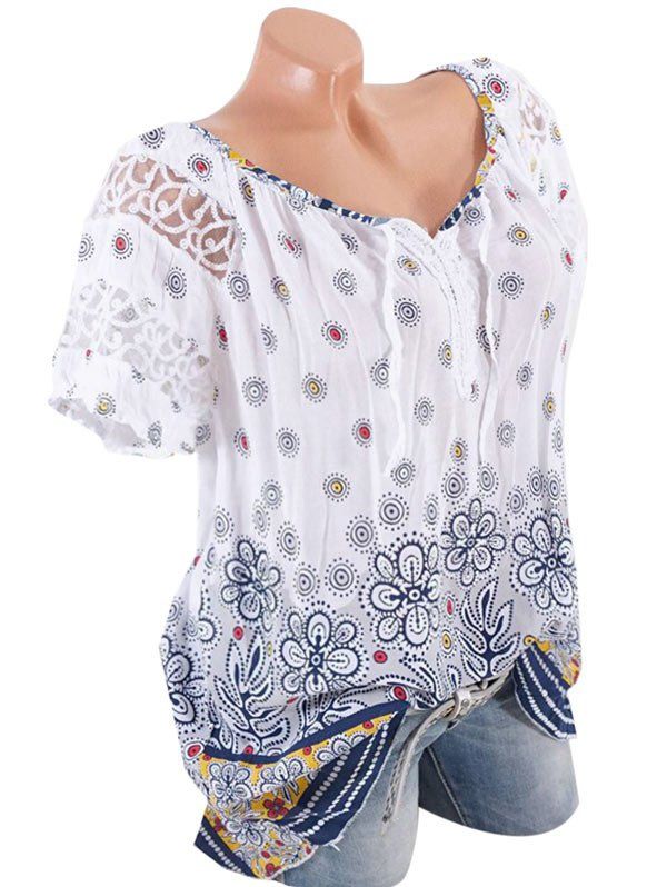 

Plus Size Lace Insert Floral Print Blouse, White
